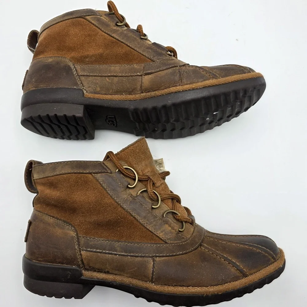UGG Heather Womens 7 Duck Rain Ankle Boot Coconut‎ Shell Brown Leather Lace Up